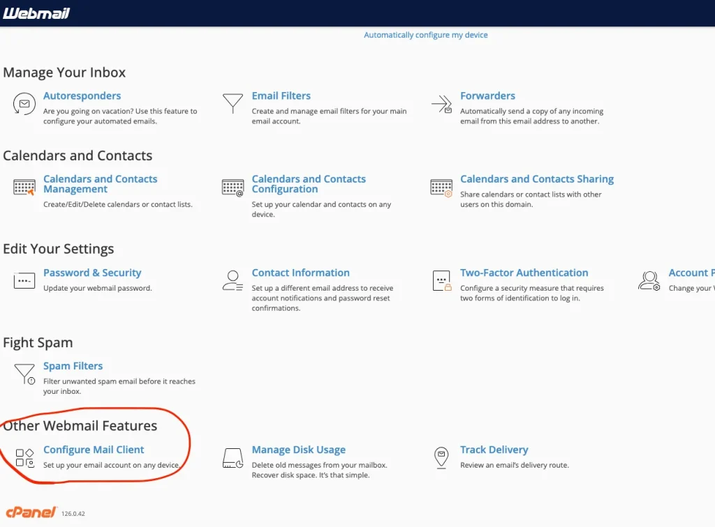 Screenshot of the "Configure Mail Client" feature within cPanel's "Email" feature. This feature can be used to retrieve the configuration you will use to read/send email from your web host server through an email client such as Gmail.