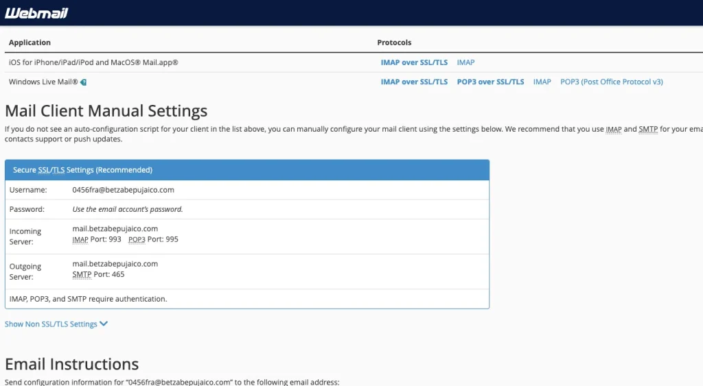 Screenshot of the Configure Email client screen in cPanel. These configuration settings are used to retrieve and send email from your web-host server through an email client such as Gmail.