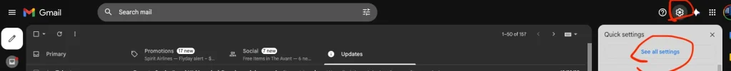 Screenshot of the Gmail client with red circles around the "cog" and "see all settings" options in the top right of the client. You can use these options to get to the Check Email From/Send Email As options and set up outgoing/incoming mail from your Web Host provider in gmail itself.