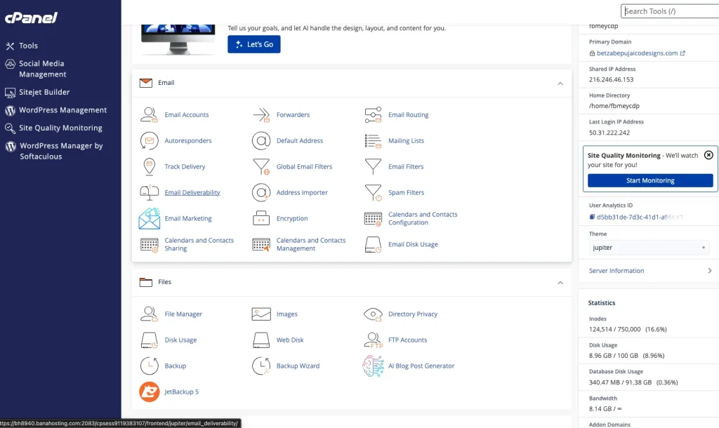 Screenshot of the cPanel Dashboard.