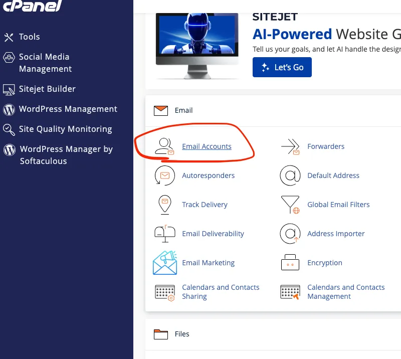 Screenshot of the cPanel Dashboard showing a red circle around the Email Accounts feature.