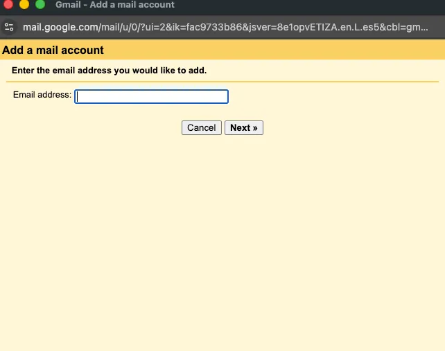 Screenshot of the "Add a Mail account" in the Gmail client. The screen shows a pop-up window asking for the user to input their e-mail address which they want to receive/send email from in the Gmail Client.