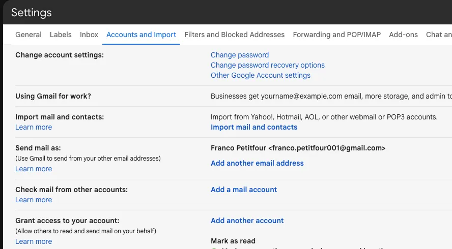 Screenshot of the Accounts and Import tab in the Gmail client. The screen is scrolled down to the "Send mail as"/"Check Mail from other accounts" feature. You can use these features to receive and send email from your web host cpanel in gmail.