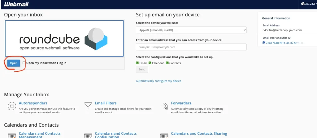Screenshot of the cPanel default Email client "Roundbox". A red circle is shown around the "Open" button used to open the email account in the Roundcube client.