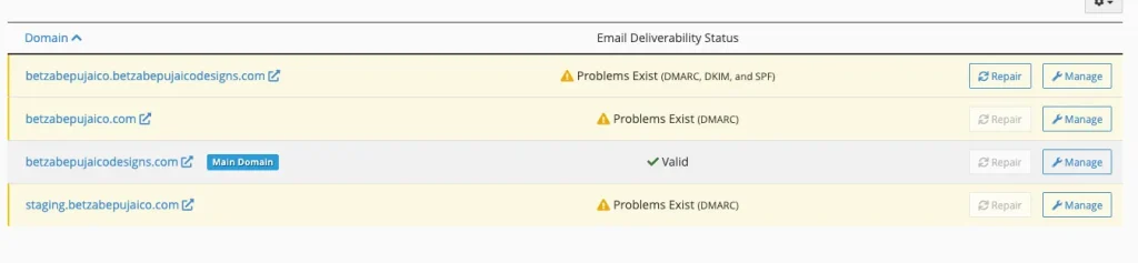 Screenshot of the records repair feature provided by the Email Deliverability feature in cPanel web hosting Dashboard.