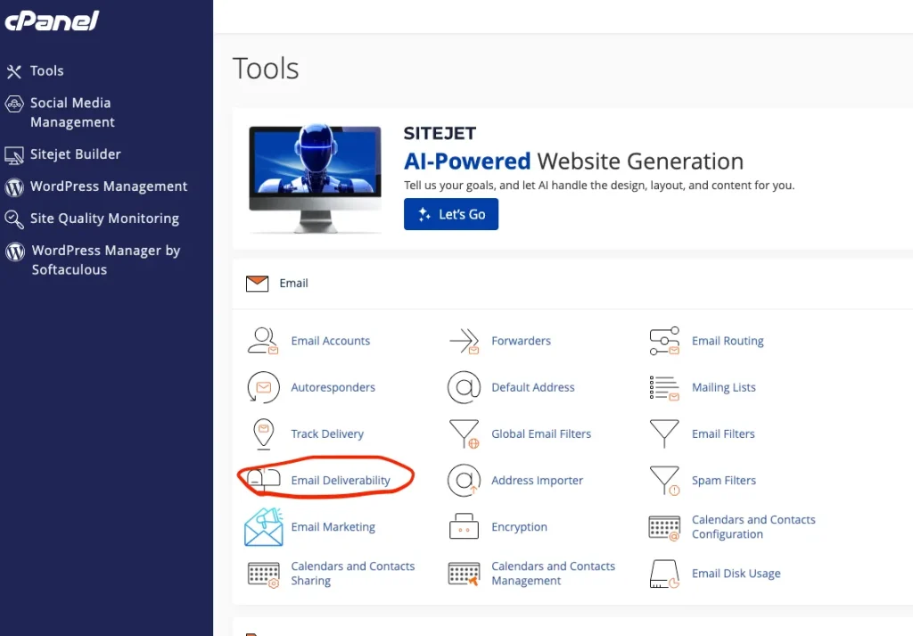 Screenshot of a cPanel Dashboard in a web host account. The screenshot contains a red circle around the "E-Mail Deliverability" feature.